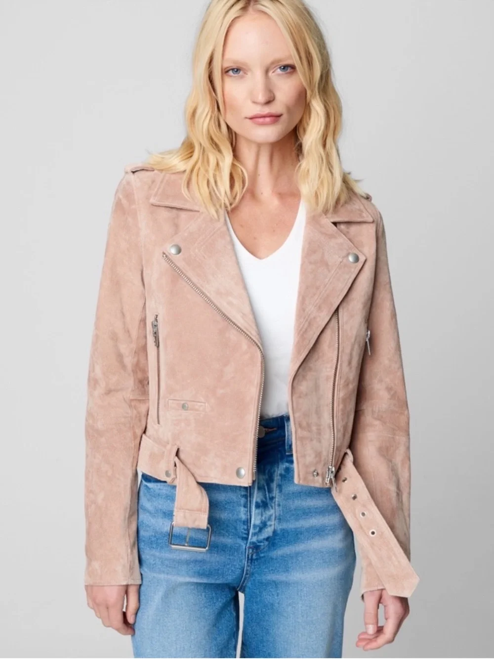BlankNYC Blush Desert Pink 100% Genuine Suede Leather Cropped Moto Jacket Small